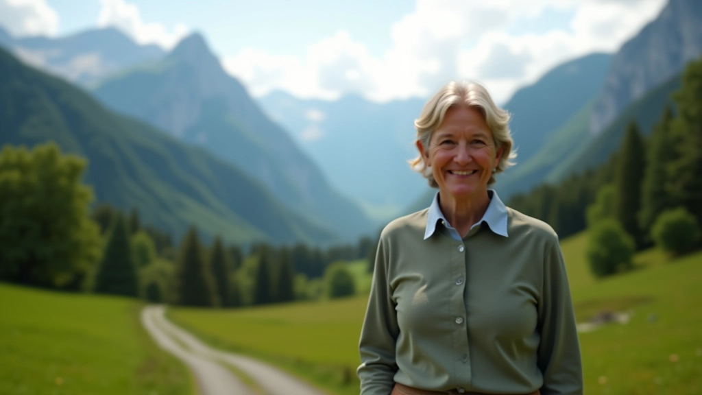 Outdoor Swiss landscape with mature adult enjoying retirement lifestyle, peaceful setting, mountains in background