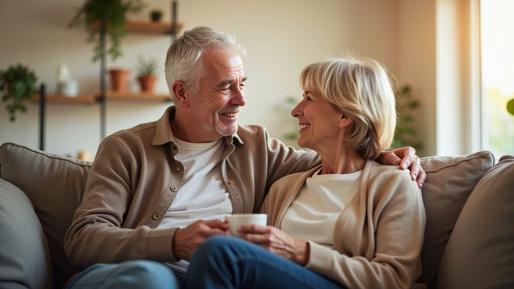 Couple aged 57 and 62 sitting on comfortable couch with tea, smiling and discussing plans together, warm home setting