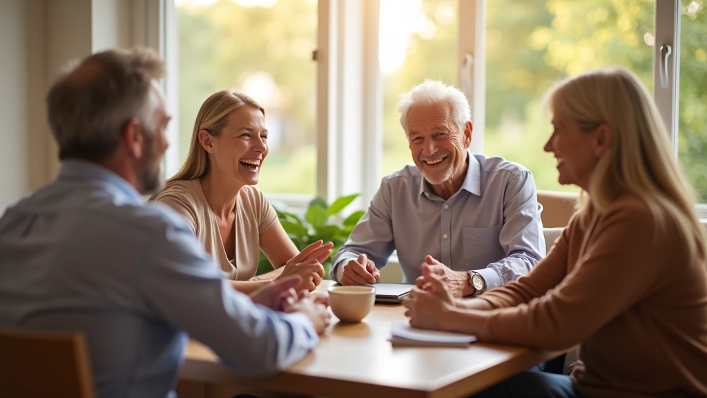 Group of four people aged 45-60 smiling together outdoors in natural setting