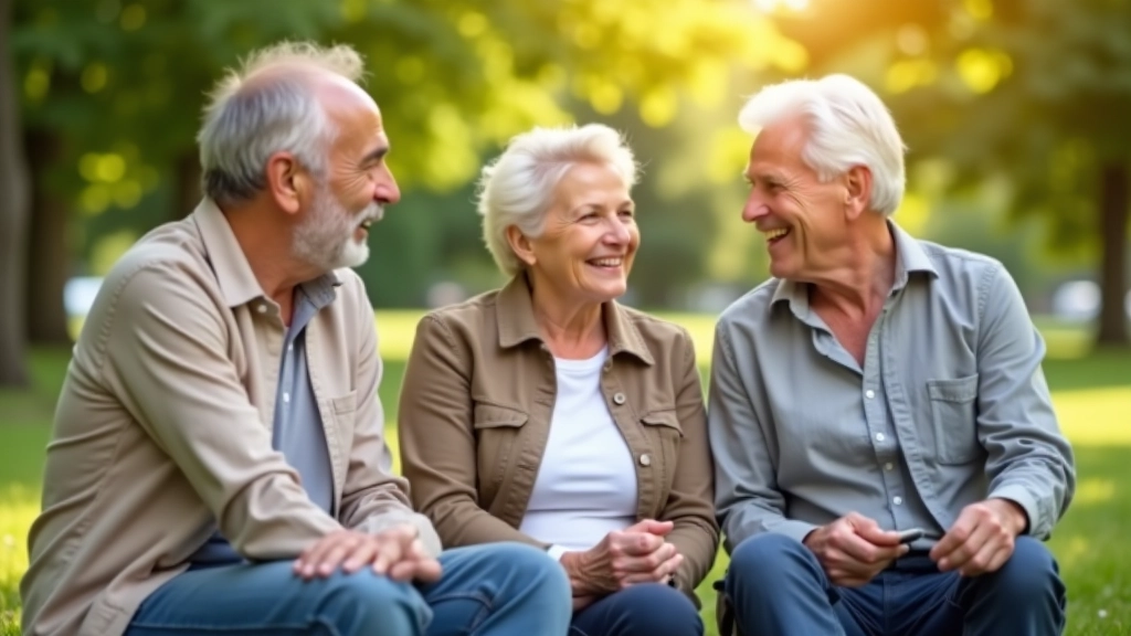 Group of adults aged 50+ laughing together at outdoor gathering, genuine connection and friendship