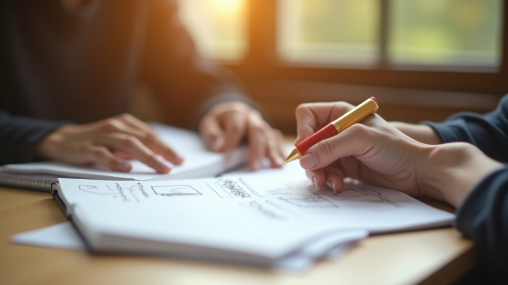 Close-up of hands holding pen over journal with handwritten notes and sketches, warm natural light from window, wooden table surface, contemplative mood