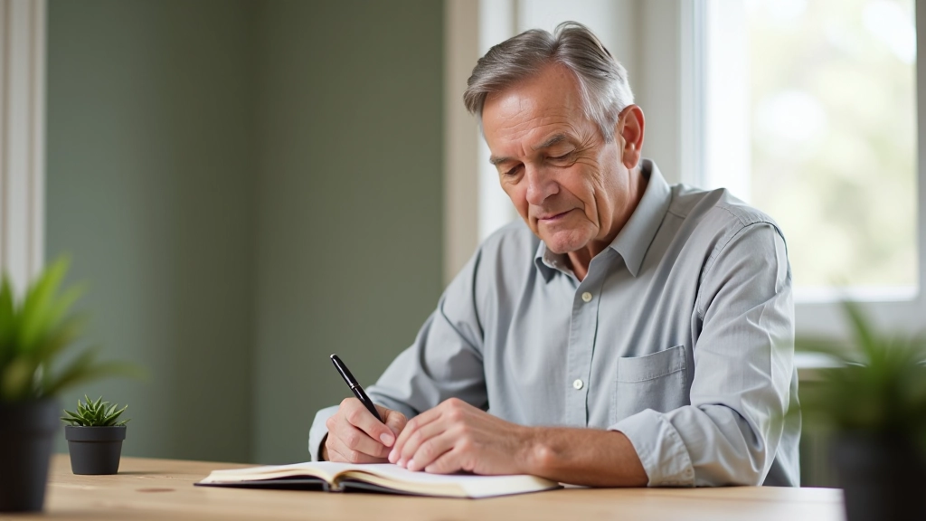 Man in casual sweater writing in notebook at calm workspace with natural light streaming through window