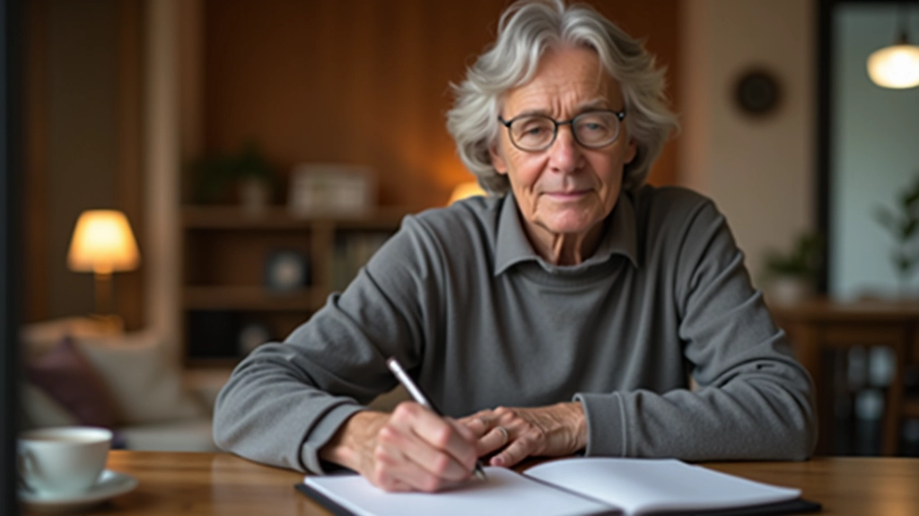 Person writing in notebook at table with coffee cup, thoughtful planning, warm home setting