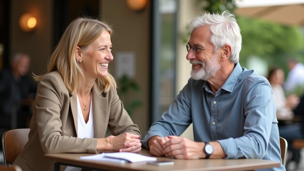 Two people having conversation at outdoor cafe table, both smiling, relaxed atmosphere with natural daylight