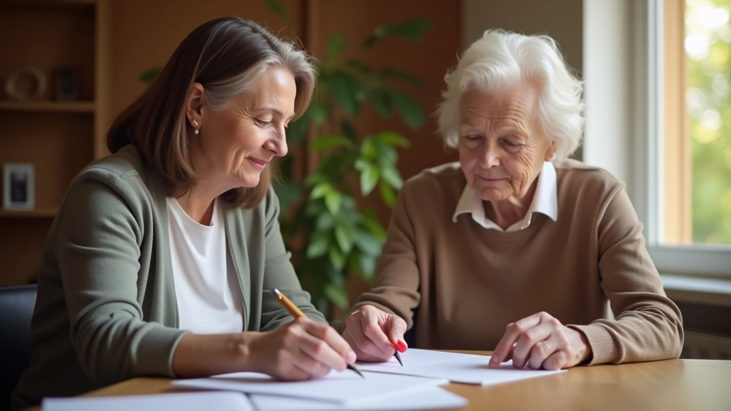 Two people aged 55 and 60 sitting at coffee table reviewing printed plans and notes, warm living room setting with natural light
