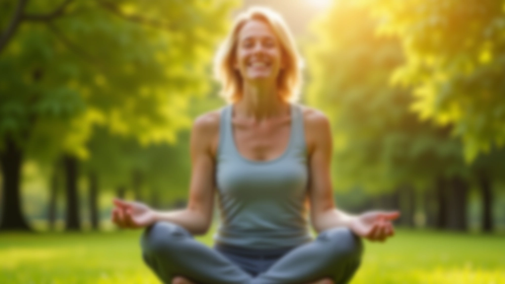 Woman in her 50s practicing meditation outdoors, sitting peacefully with eyes closed in natural setting