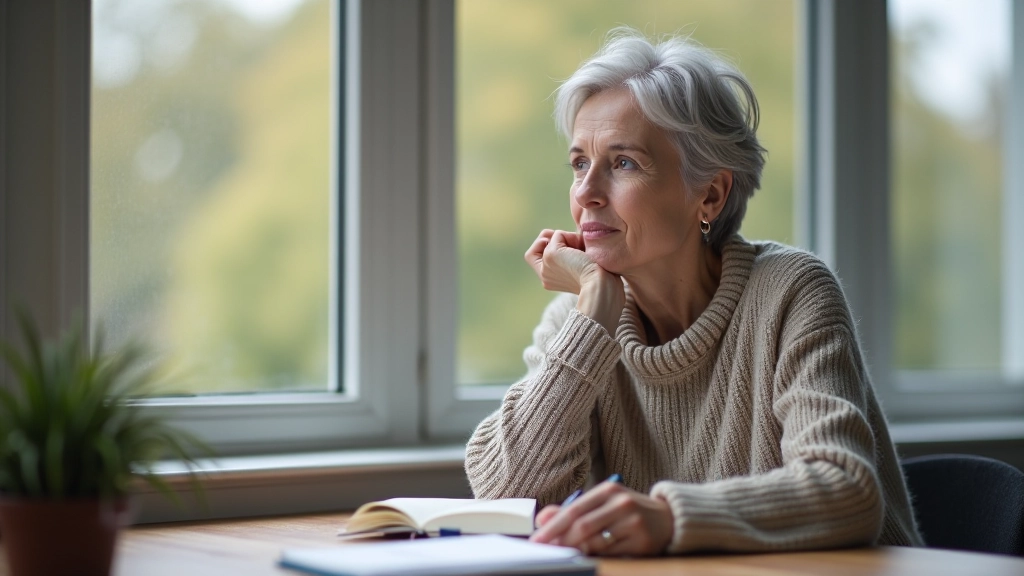 Woman aged 50 looking thoughtfully ahead with warm expression and natural lighting