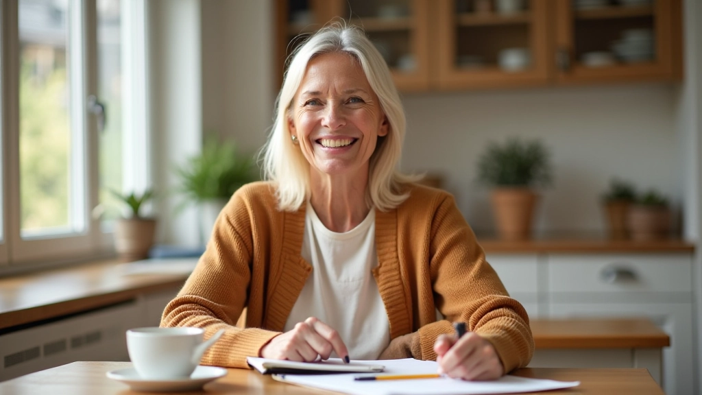 Woman aged 58 fully clothed in warm cardigan, sitting at kitchen table with morning coffee and planning notebook, soft natural morning light